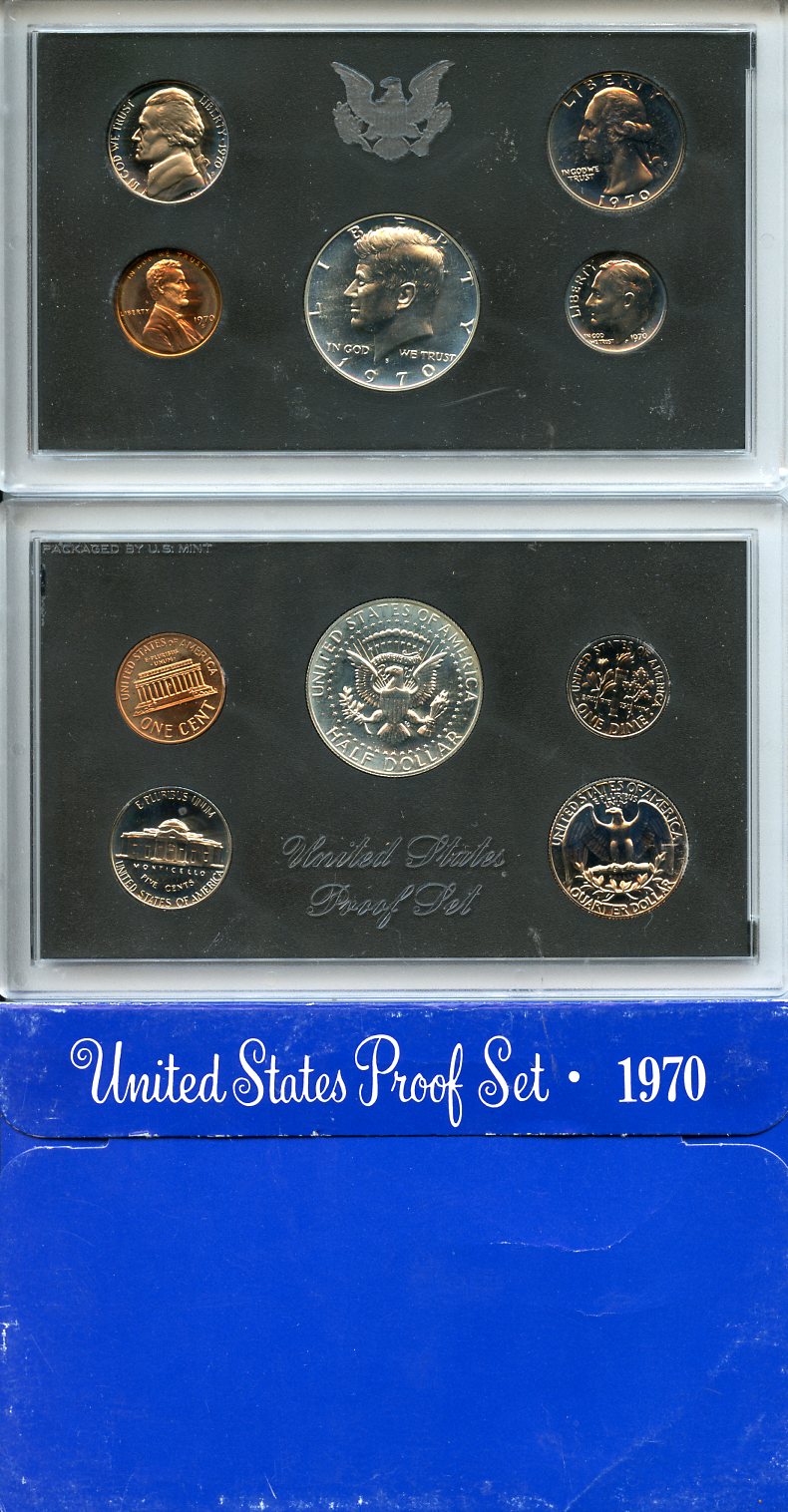 США официальный набор из 5 монет, в пластике 1970 S, Джон Кеннеди, в твердом пластике KM PS 129 серебро  PROOF  8-2-03-37