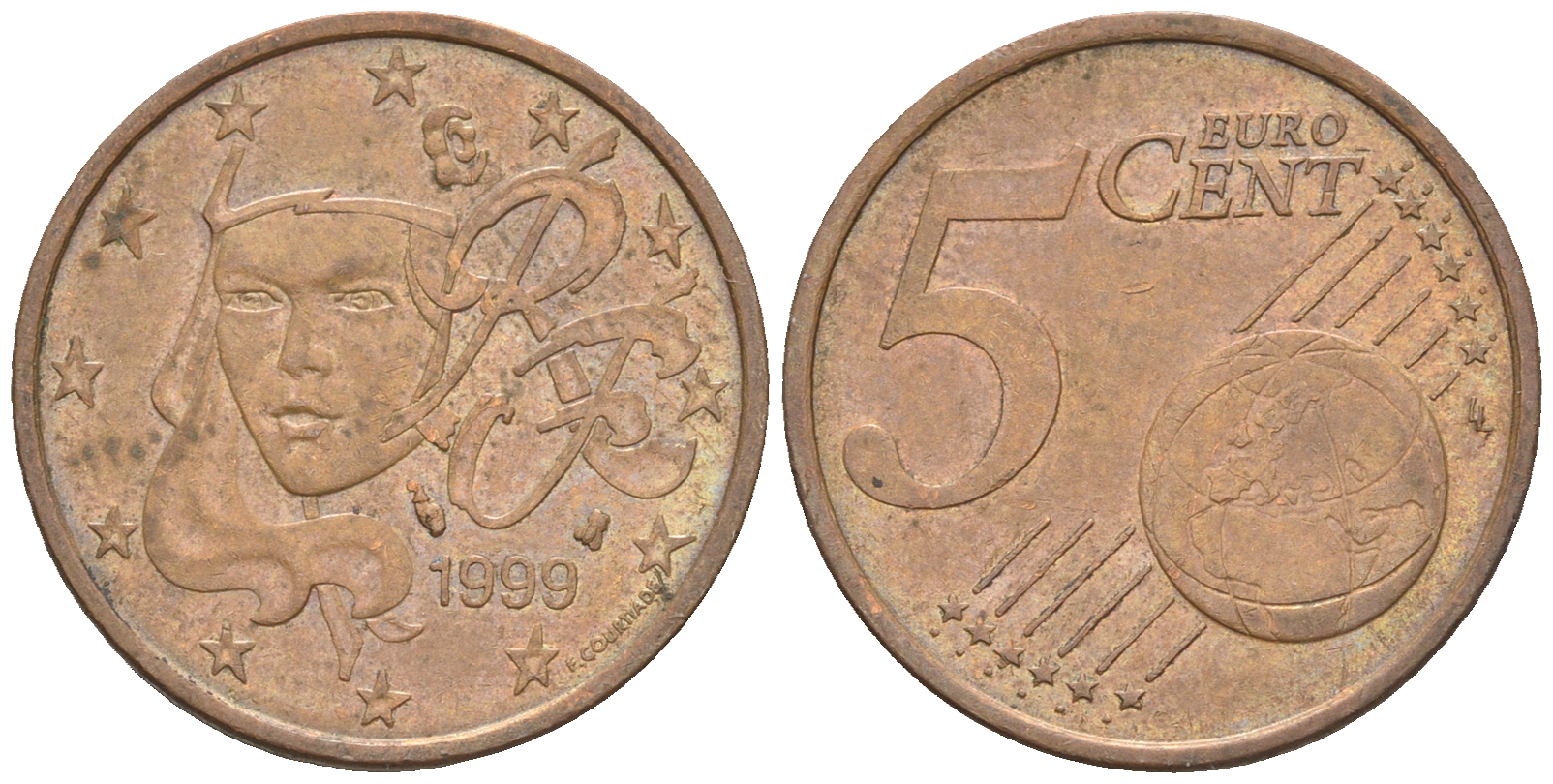 Франция 5 евроцентов 1999 KM 1284 сталь плакированная медью 60-652