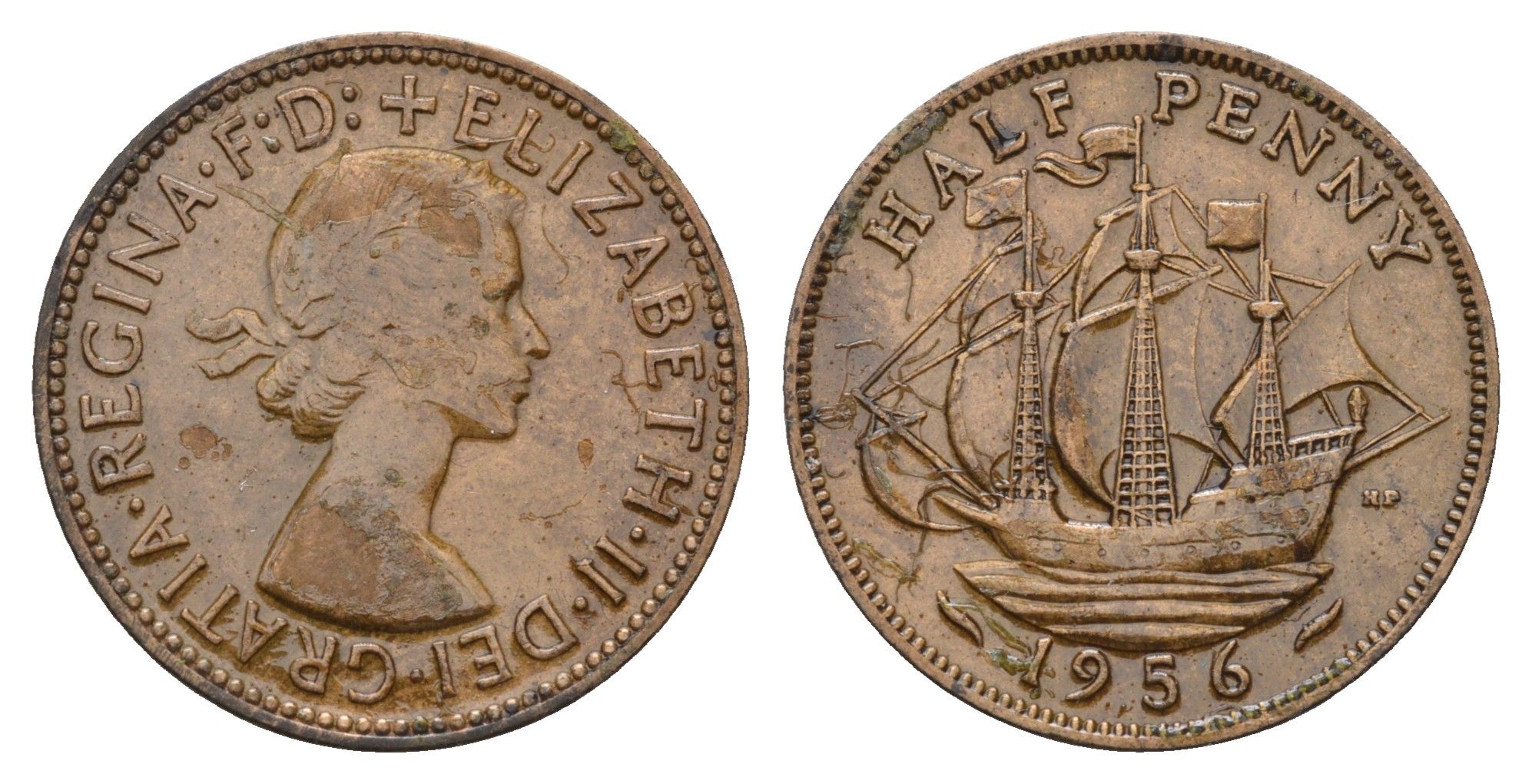 Великобритания 1/2 пенни 1956 Елизавета II (1952-2022) KM 896, Spink 4158 бронза 94-322