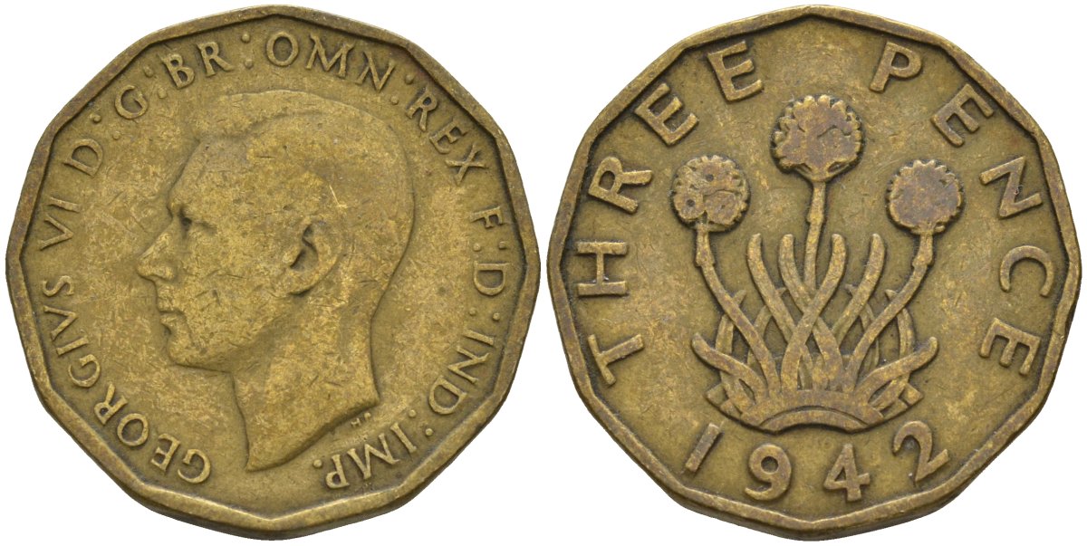 Великобритания 3 пенса 1942 Георг VI (1936-1952) KM 849, Spink 4112 никель латунь 4146-325