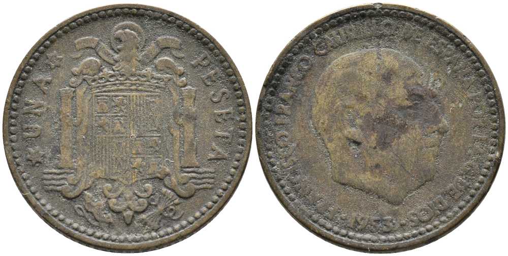 ИСПАНИЯ 1 ПЕСЕТА 1953 (62) ФРАНСИСКО ФРАНКО ДИКТАТОР ИСПАНИИ (1939-1975) KM 775 алюминиевая бронза 110-1125