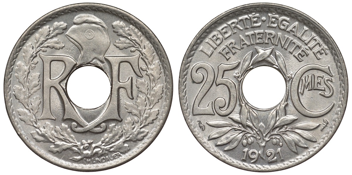 Франция 25 сантимов 1921 тип Lindauer KM 867а, Le Franc 171.5 медно-никель UNC 4128-215