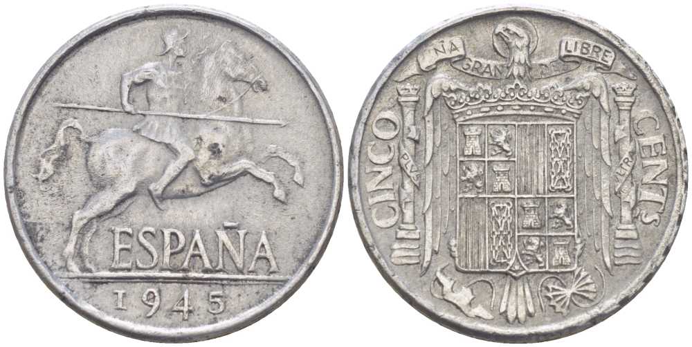 ИСПАНИЯ 5 СЕНТИМО 1945 РЫЦАРЬ НА КОНЕ KM 765 алюминий 213-111