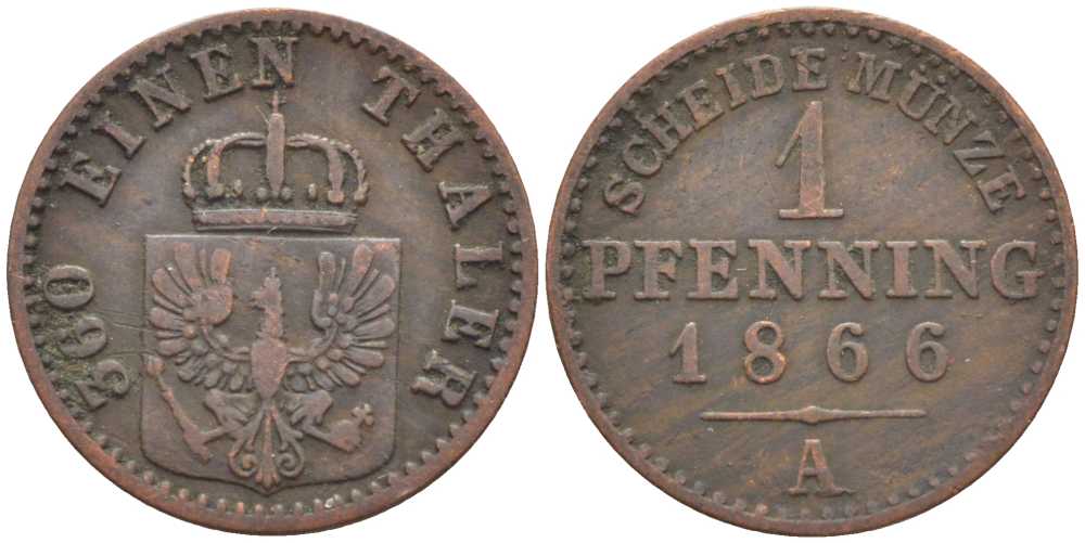 ПРУССИЯ 1 ПФЕННИГ 1866 А, ВИЛЬГЕЛЬМ I (1861-1888) KM 480 медь 201-545