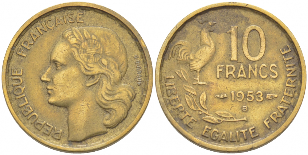 Франция 10 франков 1953 B, петух KM 915.2, Le Franc 363.9 алюминиевая бронза 3309-1124