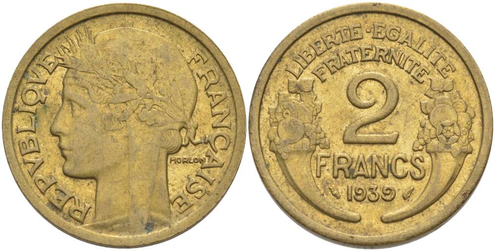 ФРАНЦИЯ 2 ФРАНКА 1939 ТИП MORLON KM 886, LE FRANC 268.12 алюминиевая бронза 3855-143