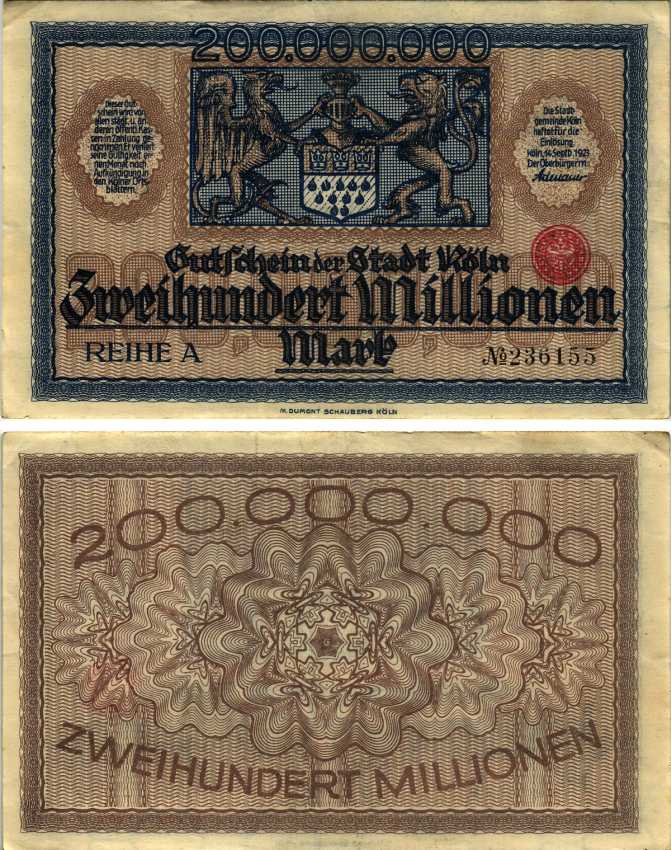 КЁЛЬН 200000000 МАРОК 1923 14 СЕНТЯБРЯ 1923, REIHE A, НОТГЕЛЬД Keller 2684z бумага 8564-22-1-1