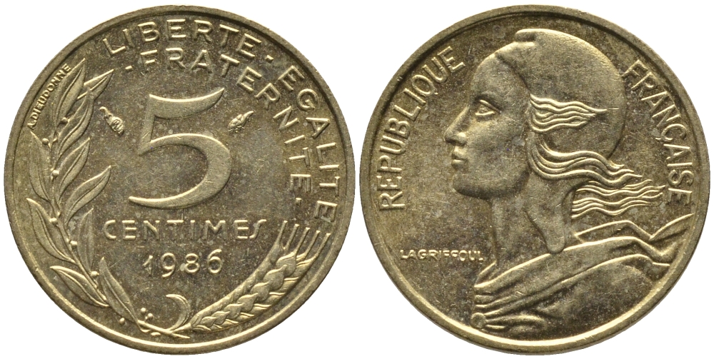 ФРАНЦИЯ 5 САНТИМОВ 1986 ТИП MARIANNE KM 933 медь алюминий никель 99-1119