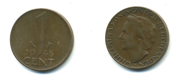 Нидерланды 1 цент 1948 Вильгельмина (1890-1948), год тип KM 175 бронза 54-154