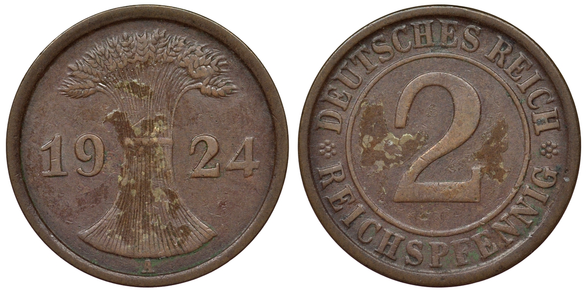Германия 2 рейхспфеннига 1924 A KM 38, J. 314, Weege 4 бронза 4121-552