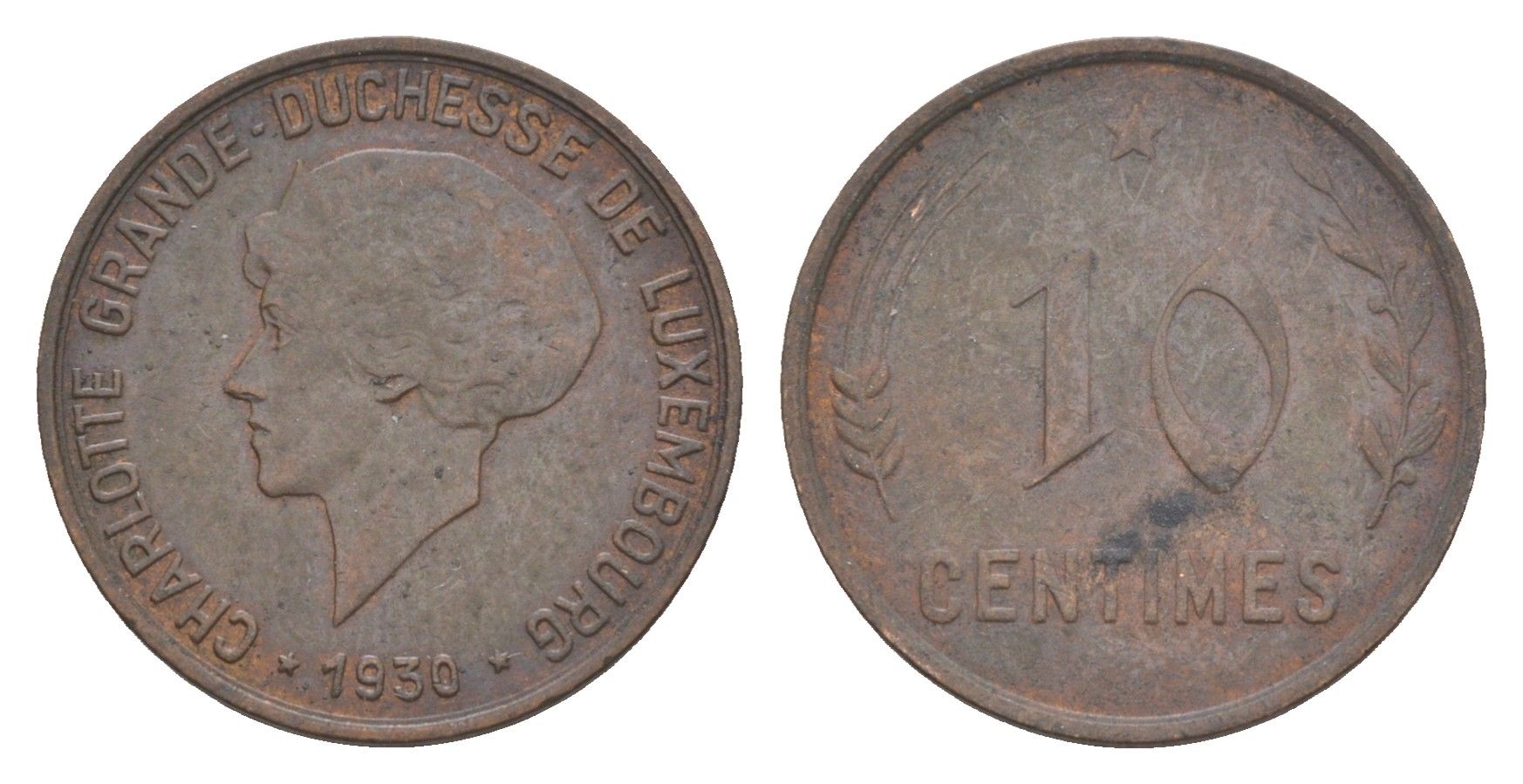 Люксембург 10 сантимов 1930 Шарлотта (1918-1964) KM 41 бронза 4115-363