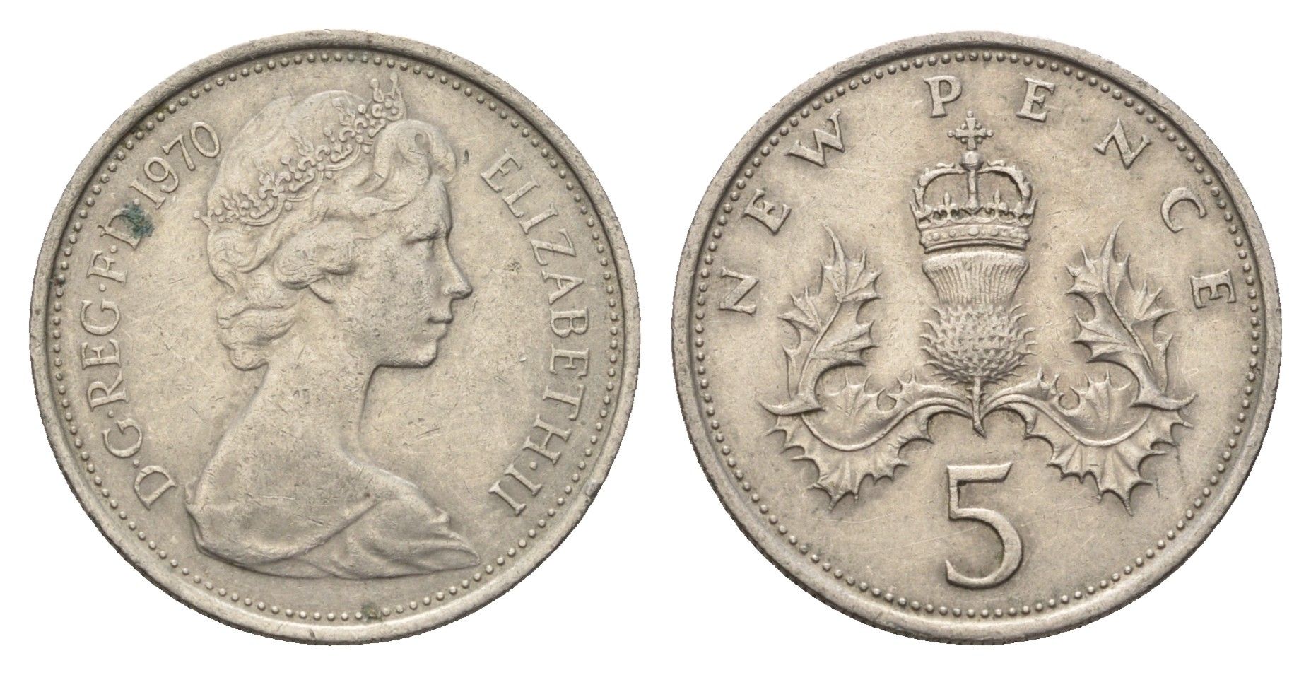 Великобритания 5 пенсов 1970 Елизавета II (1952-2022) KM 911, Spink 4233 (D1) медно-никель 4635-121