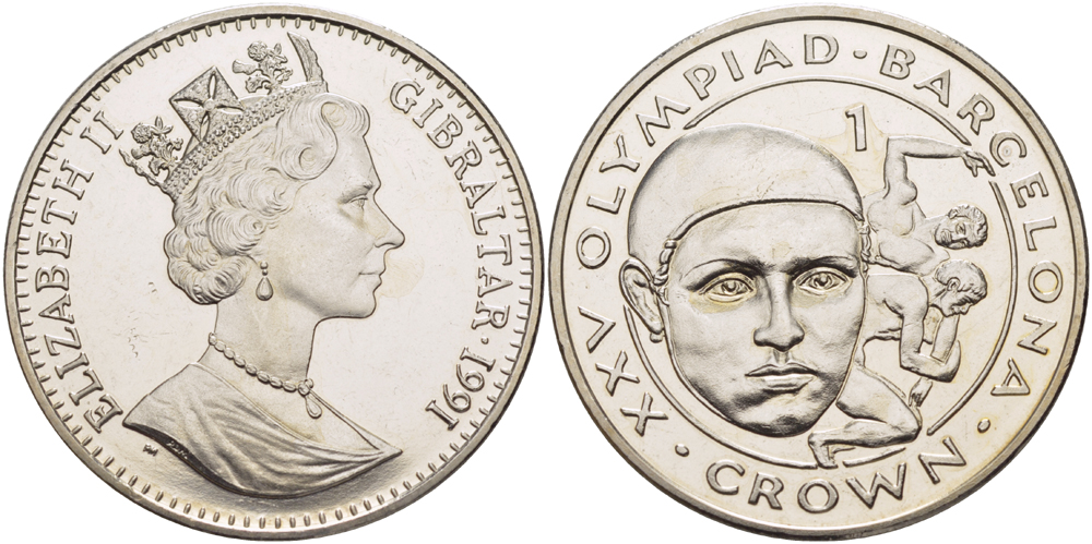Гибралтар 1 крона 1991 XXV Олимпийские игры 1992 года в Барселоне, борьба KM 70 медно-никель UNC 1084-8-34