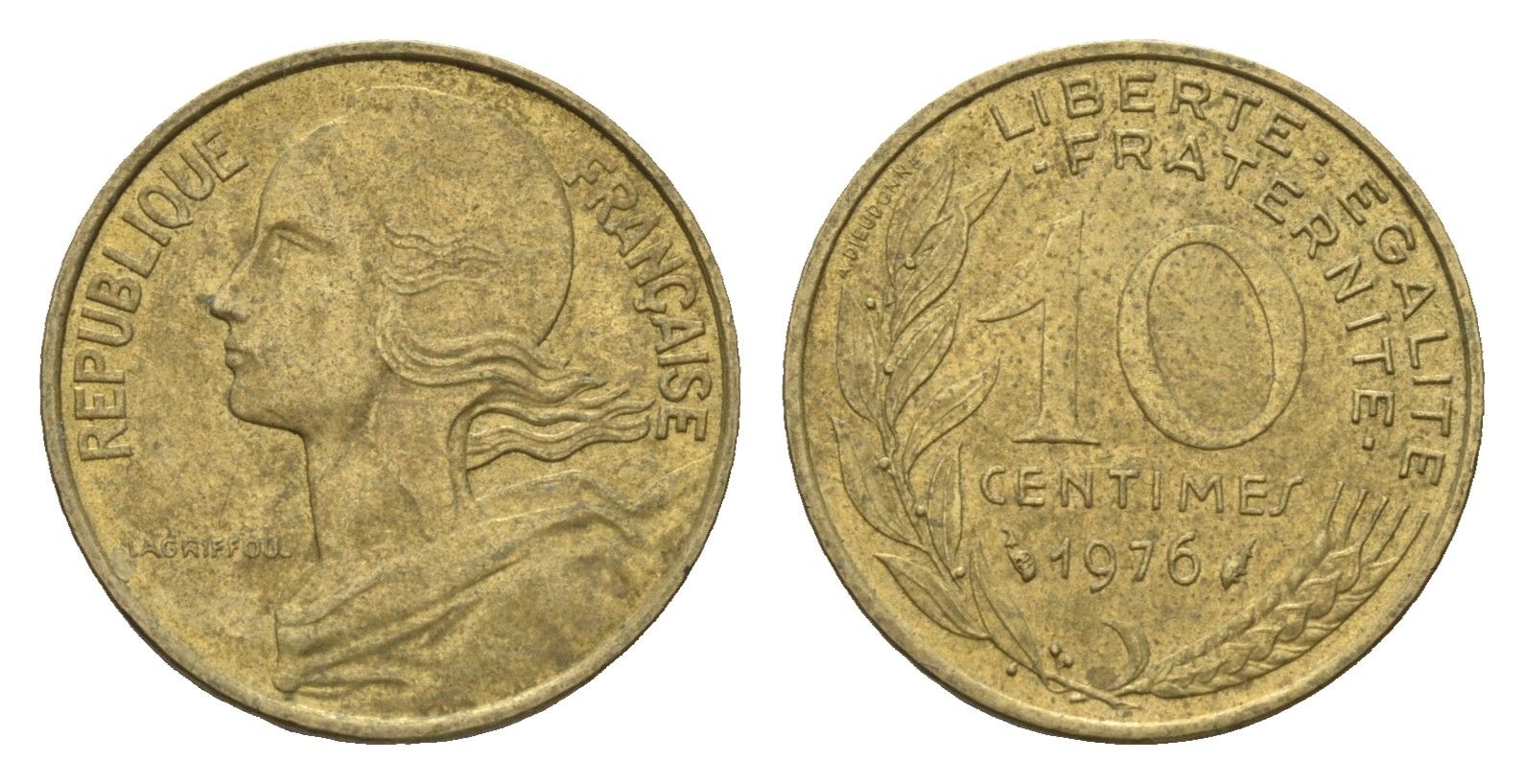 Франция 10 сантимов 1976 KM 929 алюминиевая бронза 4674-569