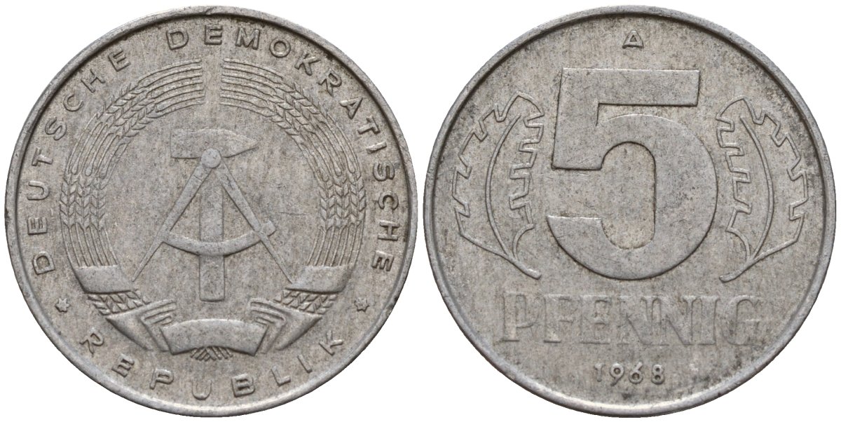 ГДР 5 пфеннигов 1968 A KM 9.1 алюминий 206-816