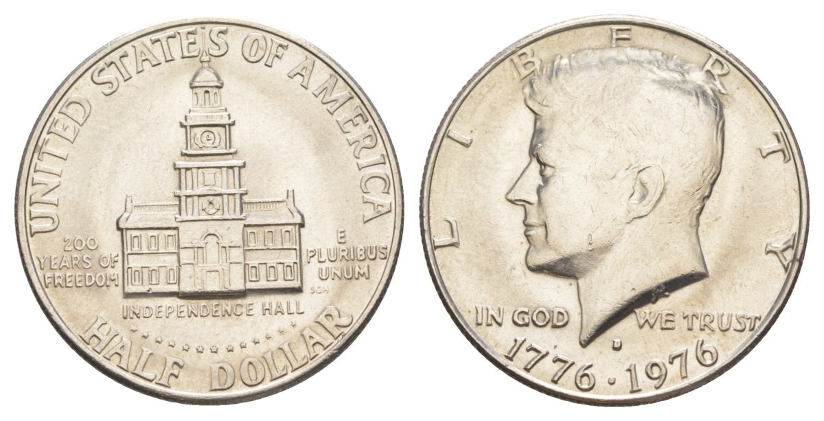 США 1/2 доллара (50 центов) 1976 D, 200 лет независимости, Джон Кеннеди KM 205 медь плакированная медно-никелем aUNC 4545-1132