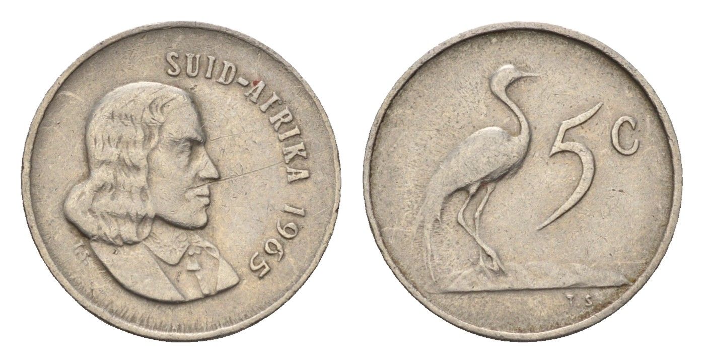 ЮАР 5 центов 1965 Ян ван Рибек (1619-1677), Suid Africa, легенда на африкаанс, райский журавль KM 67.2 никель 4702-452