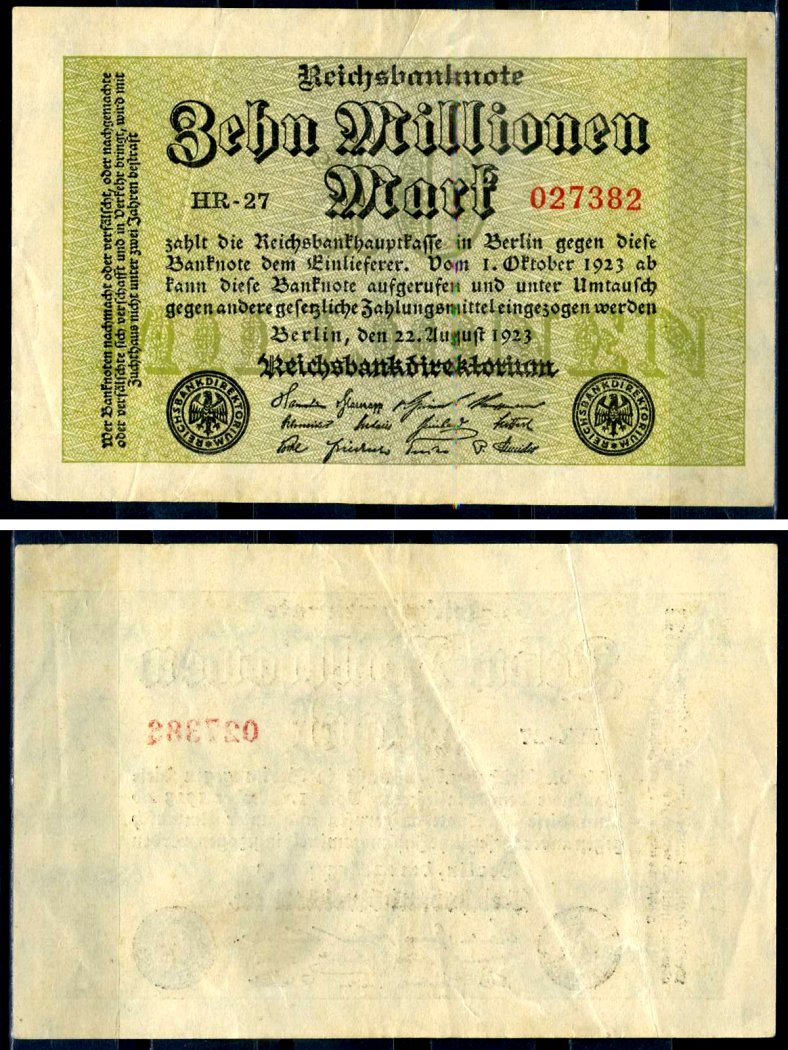 Германия 10000000 марок 1923 22 августа 1923, серия HR Pick 106 a бумага 7552-61-2-2