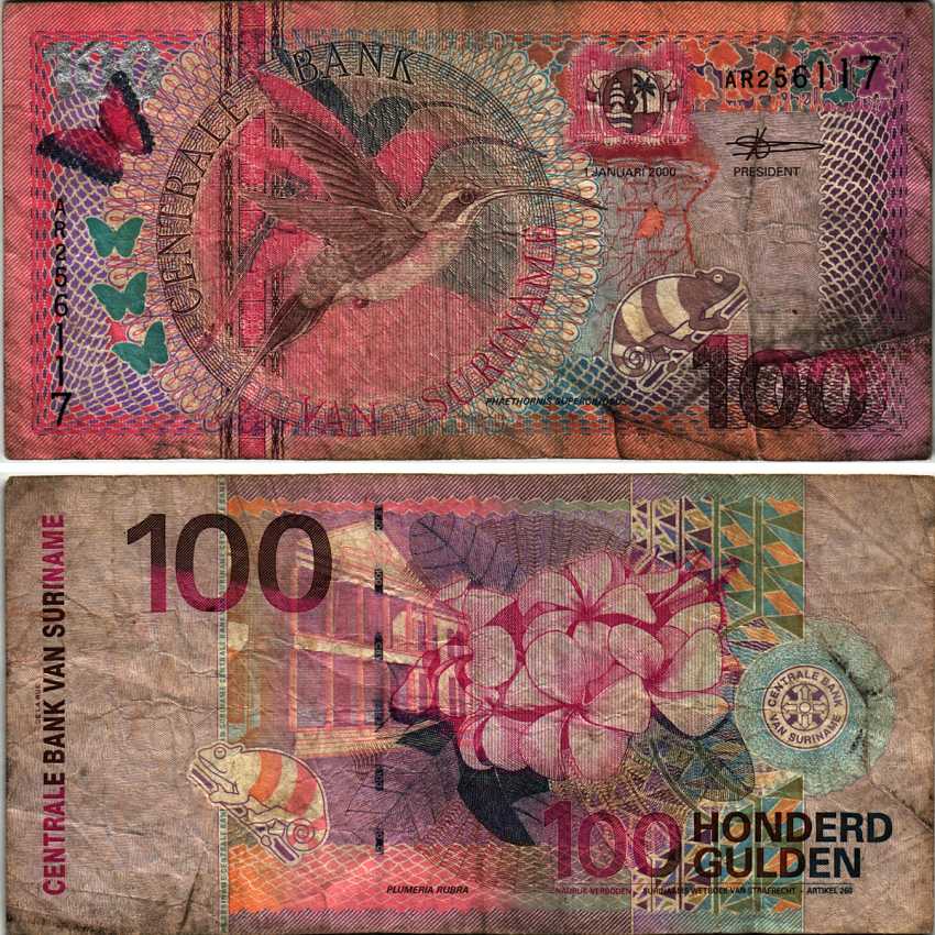Суринам 100 гульденов 2000 колибри, цветок плюмерии Pick 149 бумага 6283-18-3-2