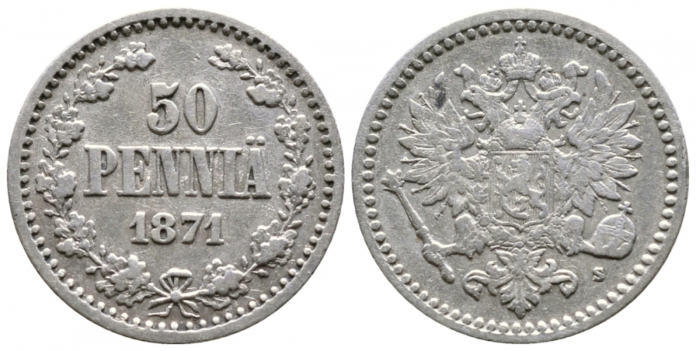 Россия для Финляндии 50 пенни 1871 S, Александр II (1855-1881) KM 2.1, Биткин 637 серебро 413-4015