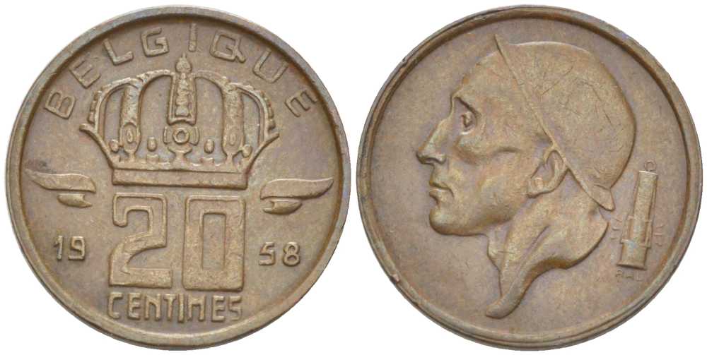 БЕЛЬГИЯ 20 САНТИМОВ 1958 BELGIQUE KM 146 бронза 201-1244