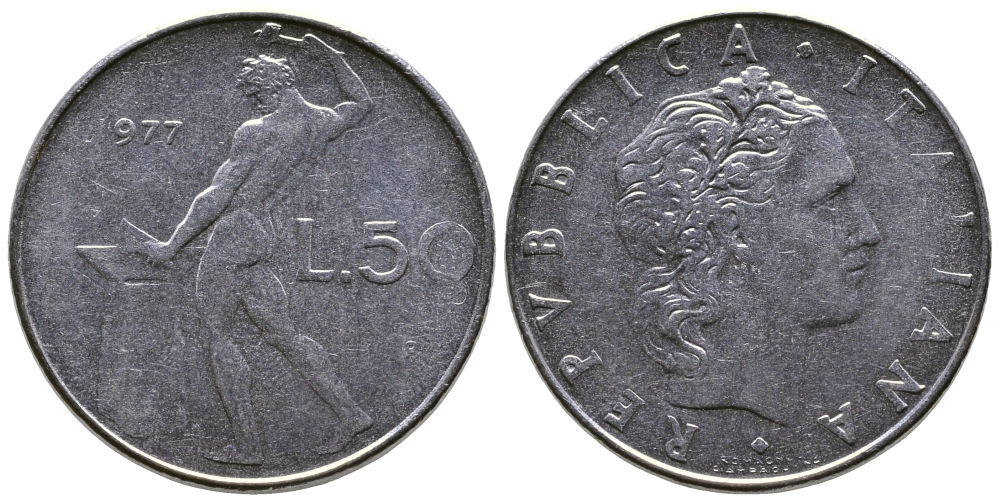 Италия 50 лир 1977 R, бог огня Вулкан у наковальни KM 95.1 нержавеющая сталь    4606-131