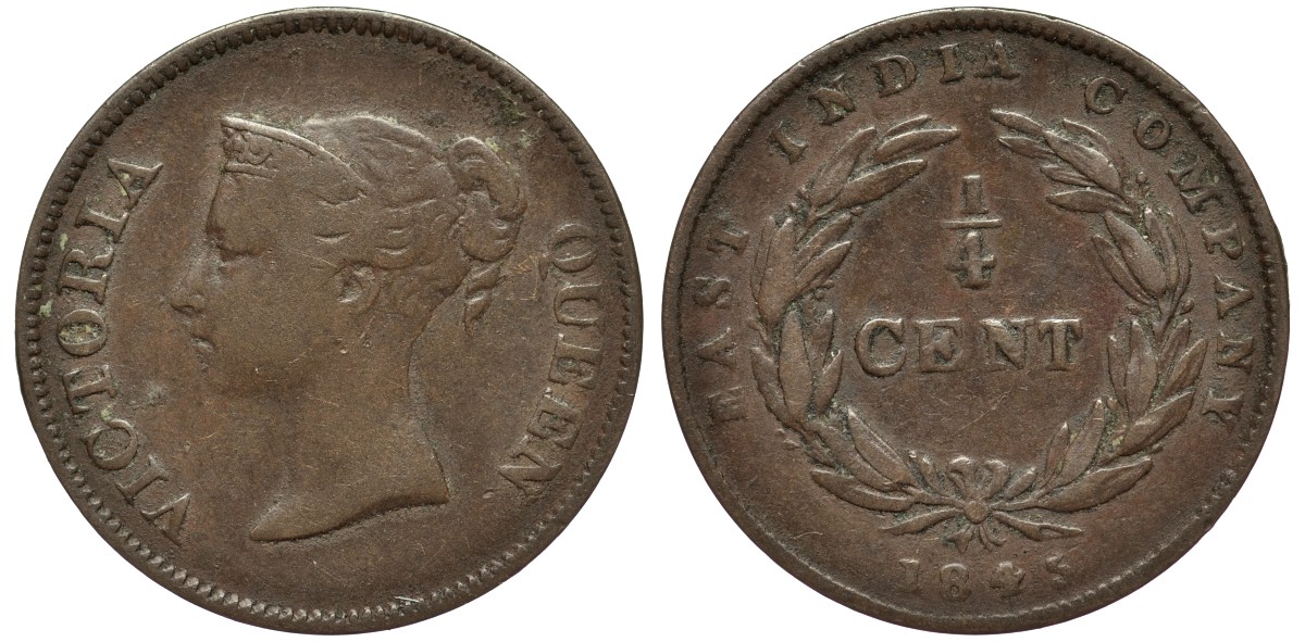 Стрейтс-Сетлментс 1/4 цента 1845 Виктория (1837-1901) KM 1 медь 1524-1343