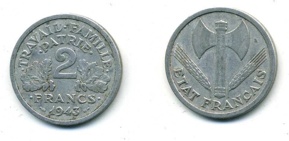Франция 2 франка 1943 правительство Виши KM 904.1 алюминий 84-143