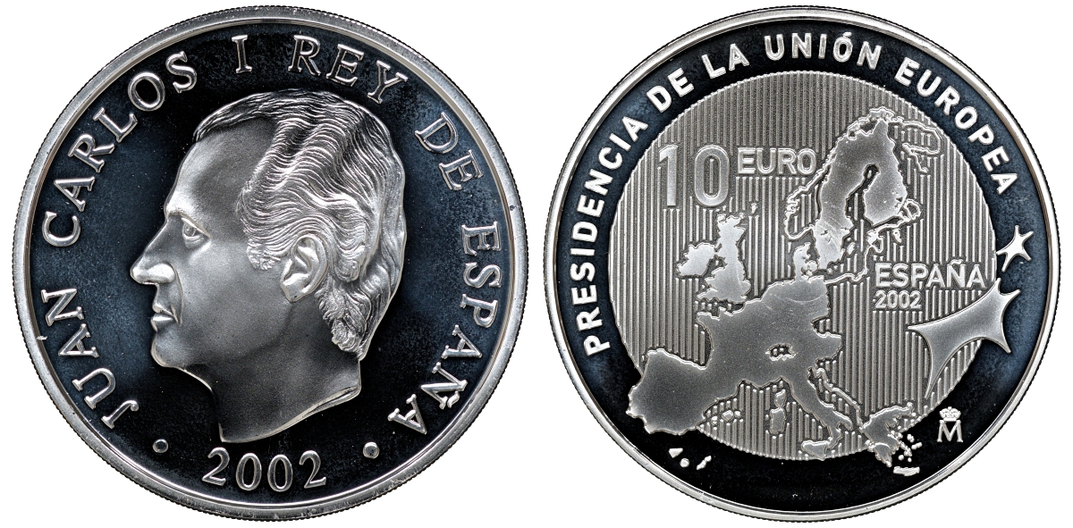 Испания 10 евро 2002 Председательство Испании в Евросоюзе, карта, в оригинальной коробке KM 1048 серебро UNC 6-5-1-21