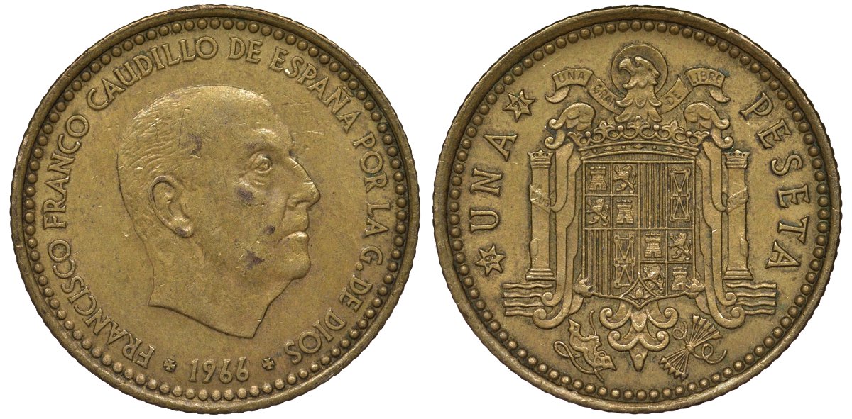 Испания 1 песета 1966 (71) Франсиско Франко (1939-1975) KM 796 алюминиевая бронза 4128-1043