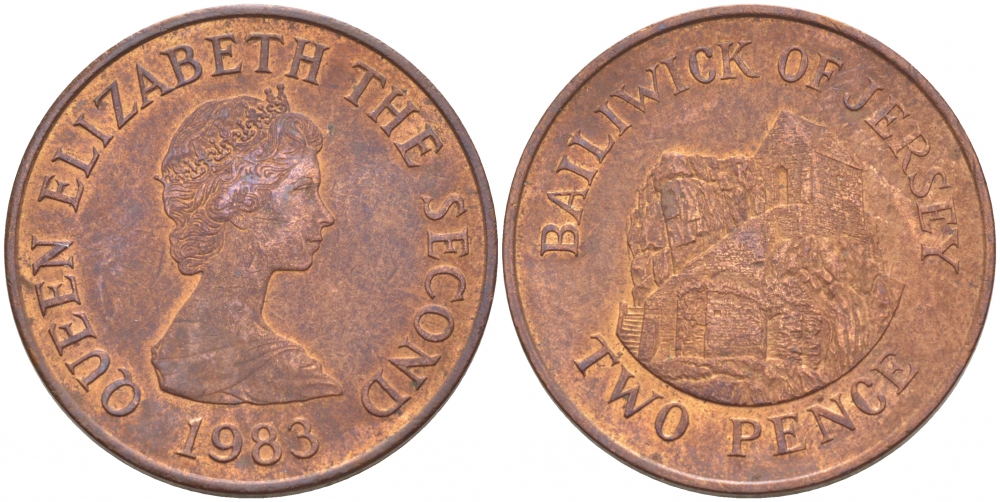 Джерси 2 пенса 1983 Елизавета II (1952-2022), Сент-Хелиер KM 55 бронза UNC 3996-755
