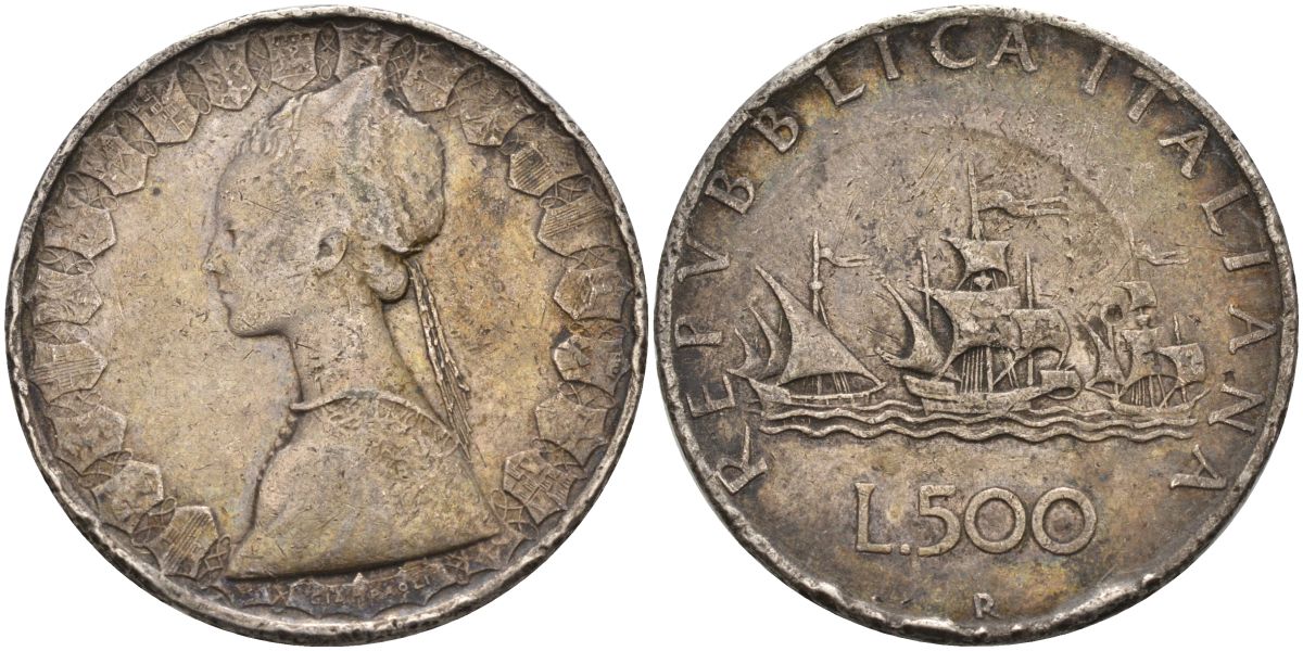 Италия 500 лир 1958? R, корабли Колумба, королева Изабелла KM 98 серебро 4593-434