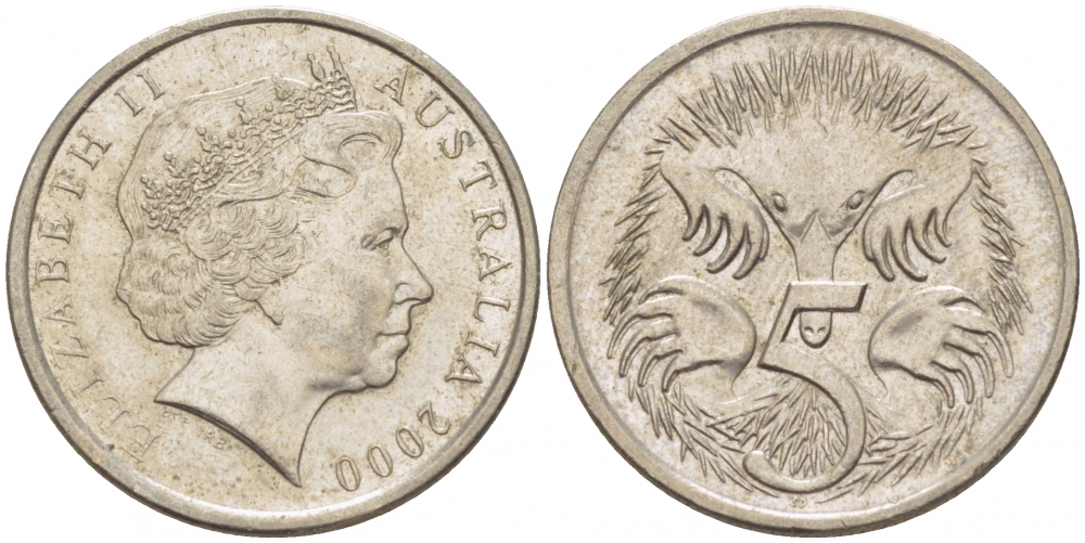 АВСТРАЛИЯ 5 ЦЕНТОВ 2000 ЕЛИЗАВЕТА II, ТРЕТИЙ ПОРТРЕТ, ЕХИДНА KM 401 медно-никель 3851-1142