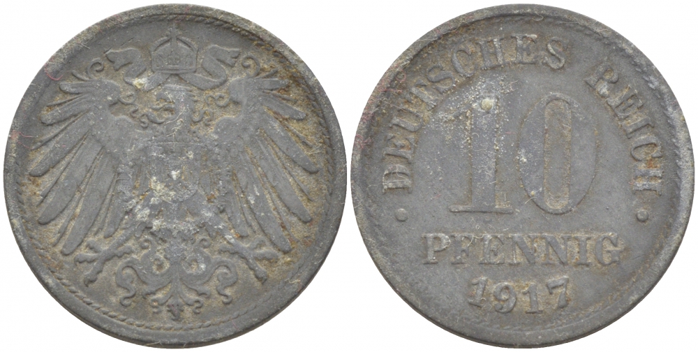 ГЕРМАНИЯ 10 ПФЕННИГОВ 1917 KM 26, J. 299 цинк 110-245