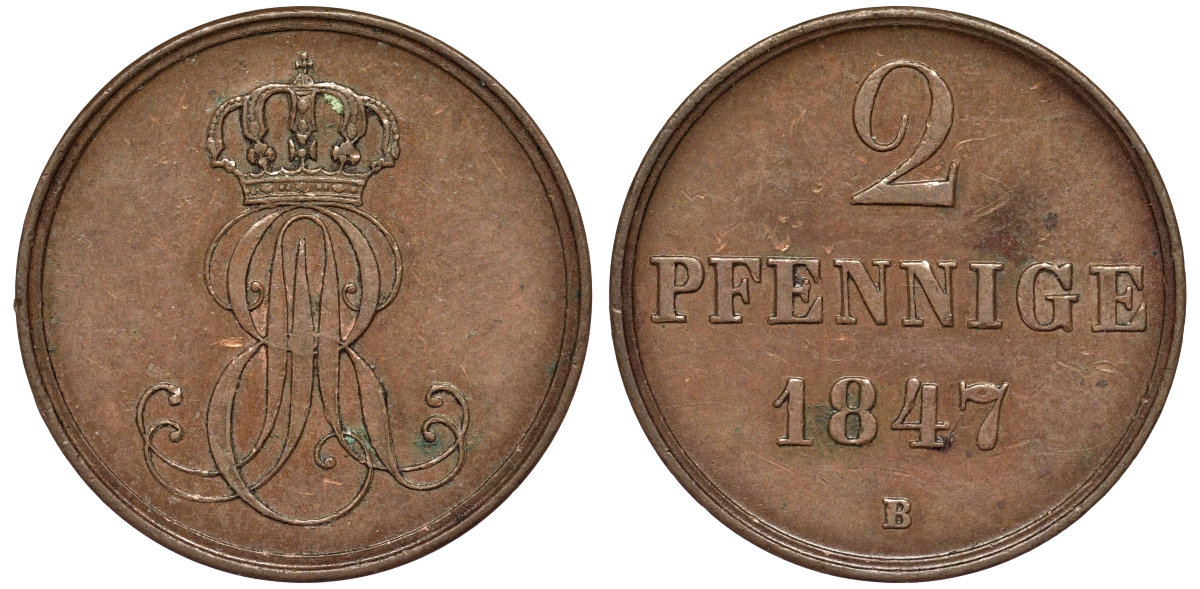 Ганновер 2 пфеннига 1847 B, Эрнст Август (1837-1851) KM 202.1, AKS 124, J. 75 медь 75-1853
