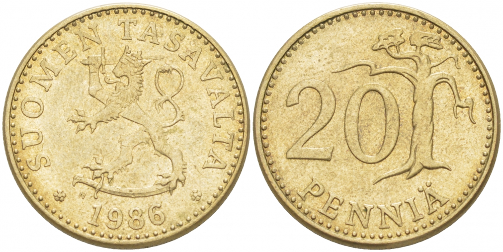 ФИНЛЯНДИЯ 20 ПЕННИ 1986 N KM 47 алюминиевая бронза 3457-837