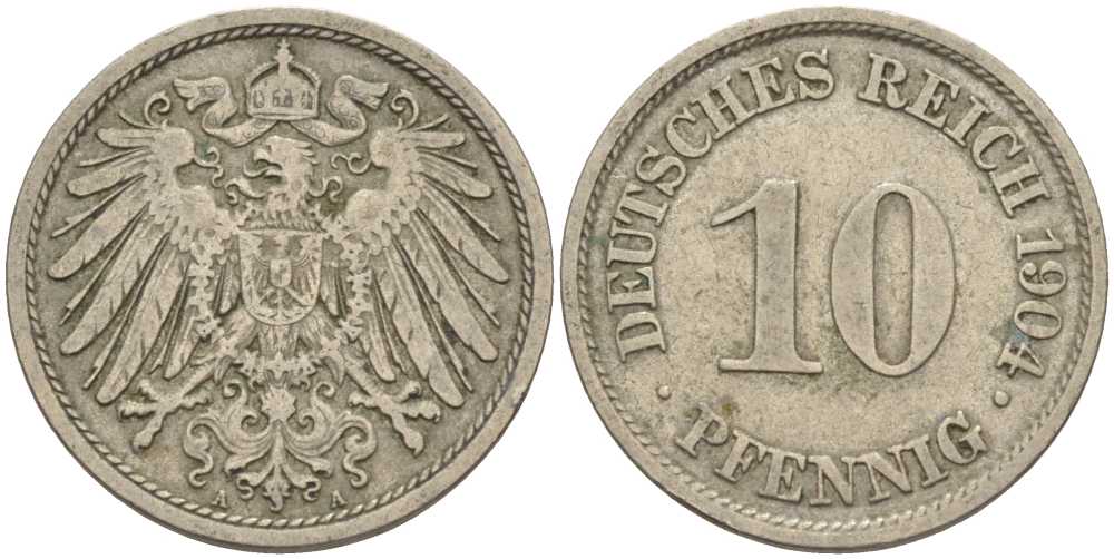 ГЕРМАНИЯ 10 ПФЕННИГОВ 1904 A KM 12, J. 13 медно-никель 4401-1256