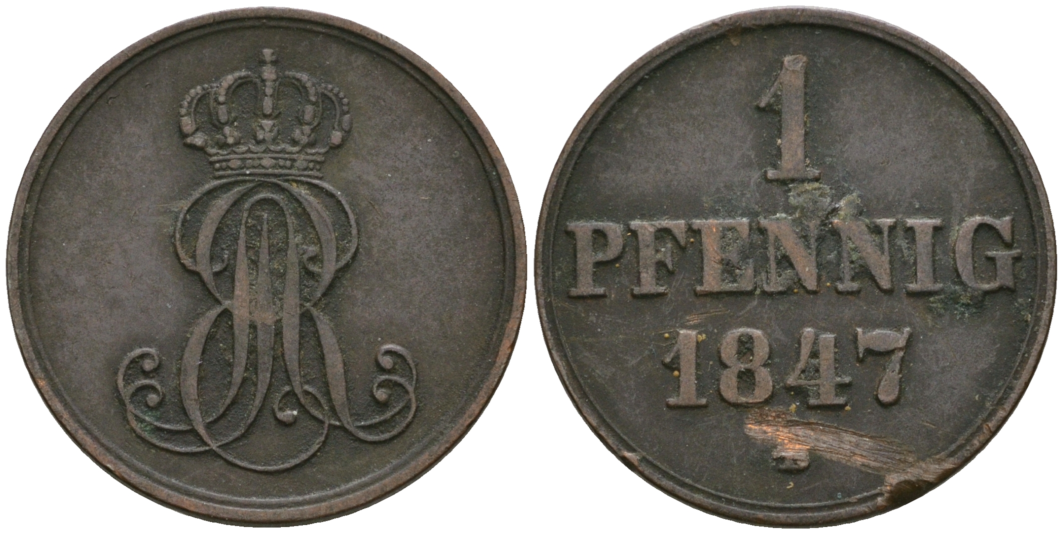 Ганновер 1 пфенниг 1847 B, Эрнст Август (1837-1851) KM 201.1, AKS 129, J. 74 медь 08-1344