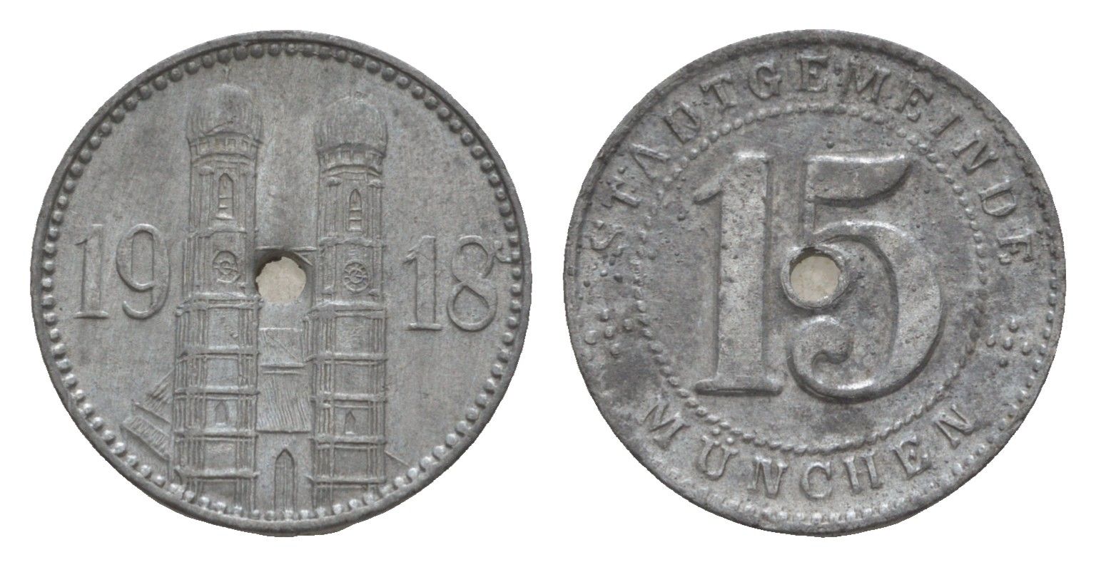 Мюнхен 15 пфеннигов 1918 Funck 348.1A, Men18 22407.1 цинк 4659-364
