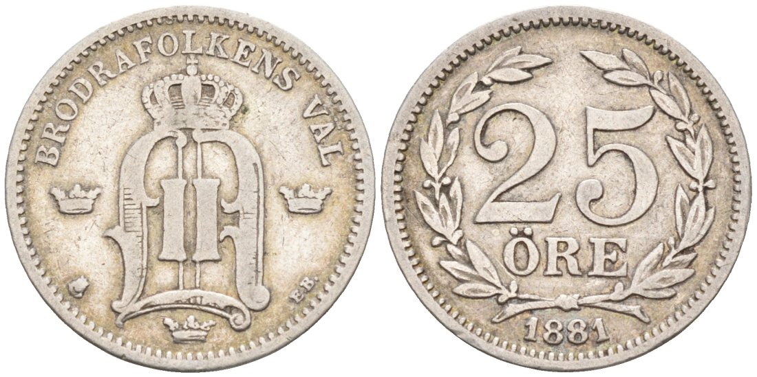 Швеция 25 эре 1881 ЕВ, Оскар II (1872-1907) король Швеции и Норвегии KM 739 серебро 188-1223