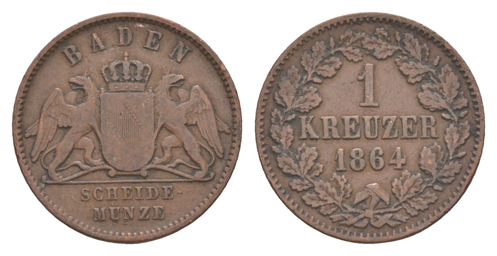 Баден 1 крейцер 1864 Фридрих I (1856-1907) KM 242 медь 4604-847