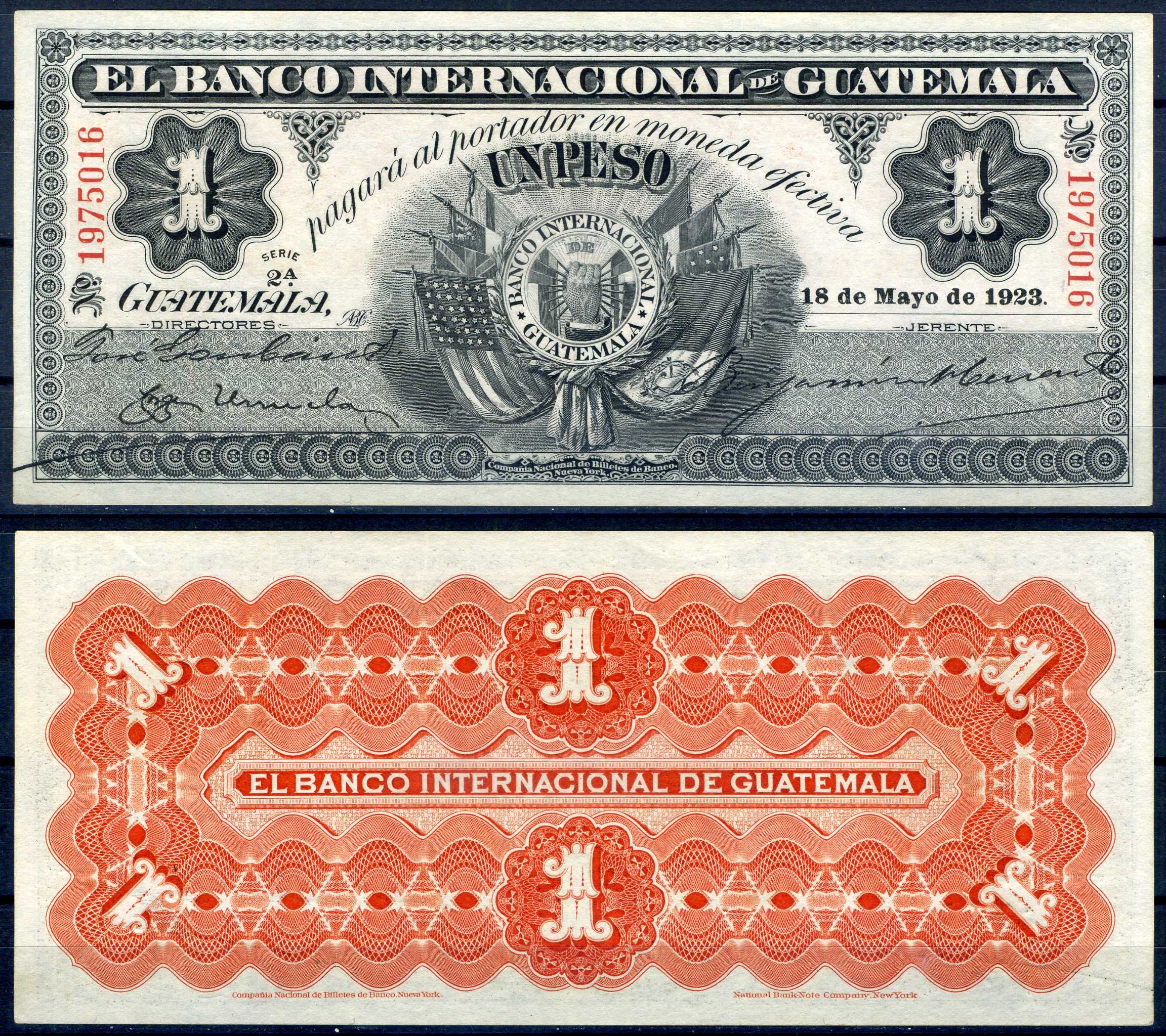 Гватемала 1 песо 1923 международный банк Гватемалы Pick S153 b  бумага  aUNC 451-1204-3