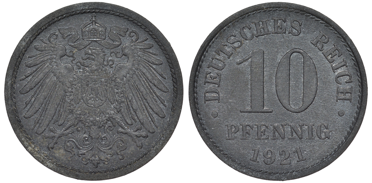 ГЕРМАНИЯ 10 ПФЕННИГОВ 1921 KM 26, J. 299 цинк 45-1266