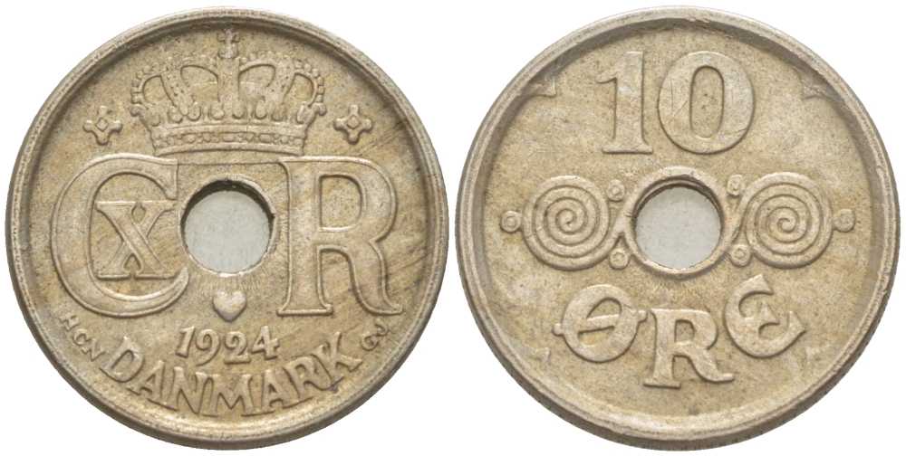 ДАНИЯ 10 ЭРЕ 1924 HCN ; GJ, КРИСТИАН X (1912-1947) KM 822.1 медно-никель 211-665