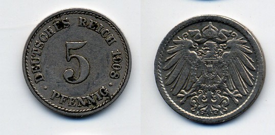 Германия 5 пфеннигов 1908 A KM 11, Jager 12, Weege 6 медно-никель 84-1665