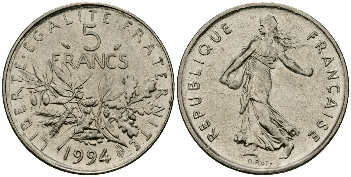 Франция 5 франков 1994 300 лет со дня рождения Вольтера KM 1063, Le Franc 344.2 медно-никель плакированный никелем 4120-445