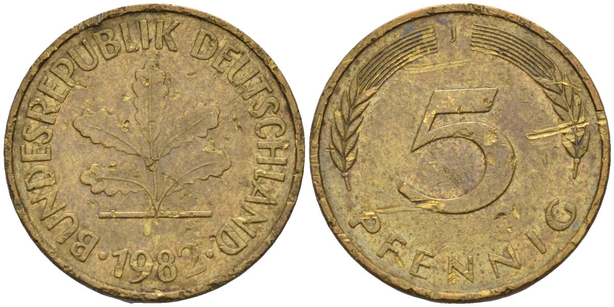 ФРГ 5 пфеннигов 1982 J KM 107 сталь плакированная латунью 4115-457