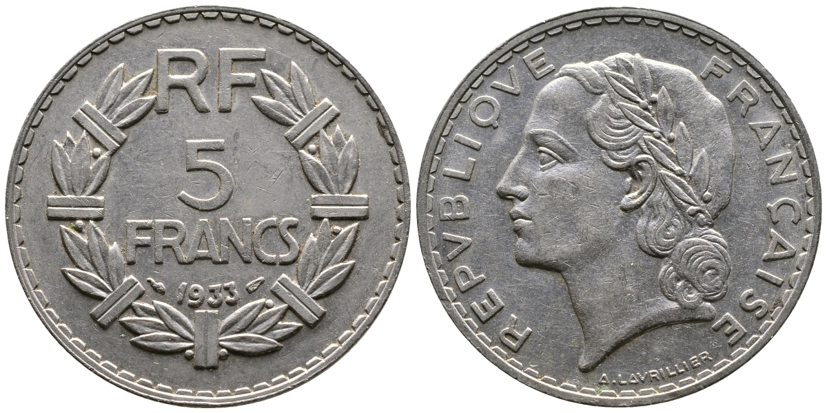 ФРАНЦИЯ 5 ФРАНКОВ 1933 KM 888 никель 87-1334