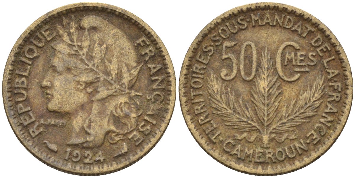 Французский Камерун 50 сантимов 1924 (а), монетный двор Париж KM 1 алюминиевая бронза 4164-1151