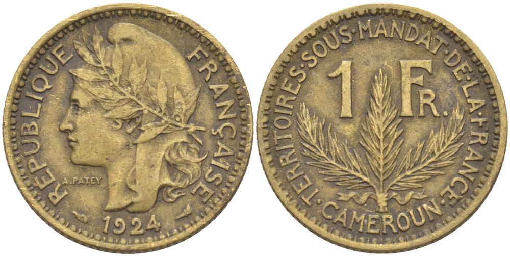 Французский Камерун 1 франк 1924 (а), монетный двор Париж KM 2 алюминиевая бронза 23-1037